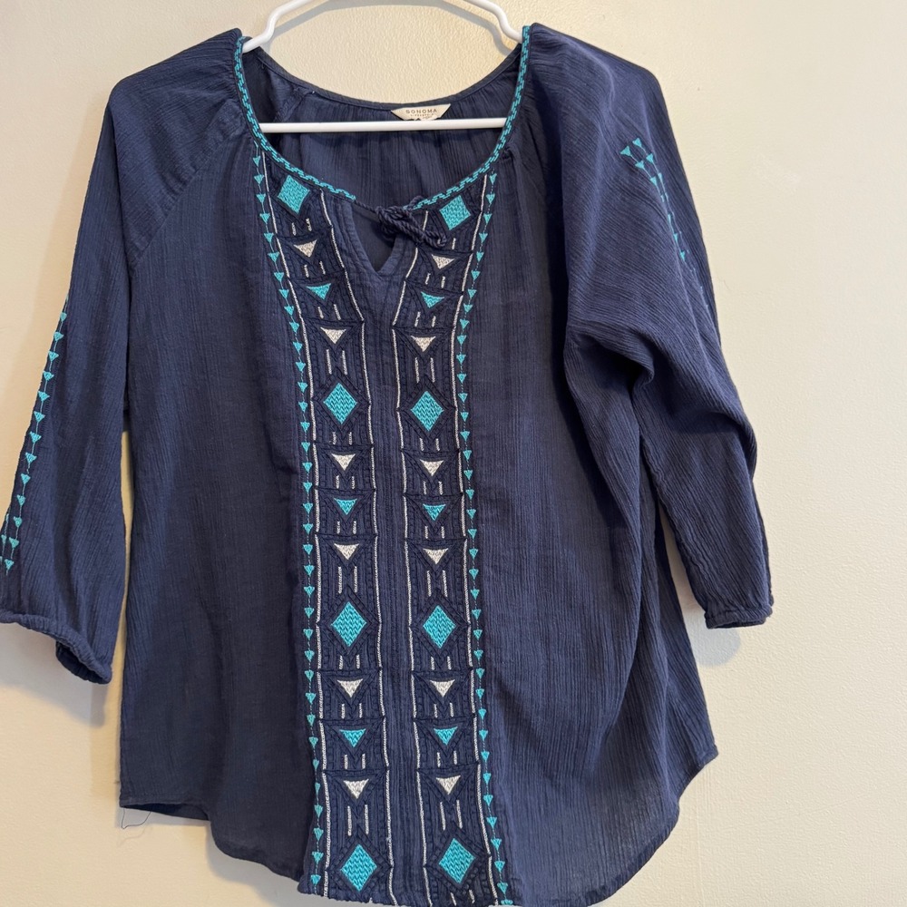 Women's Embroidered Peasant Blouse Size L 100% Cotton Boho Indie Basics Staples